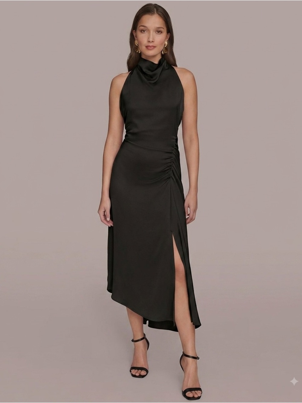 Donna Karan New York Black Satin Halter Midi Dress Ruched Side Slit Size 4